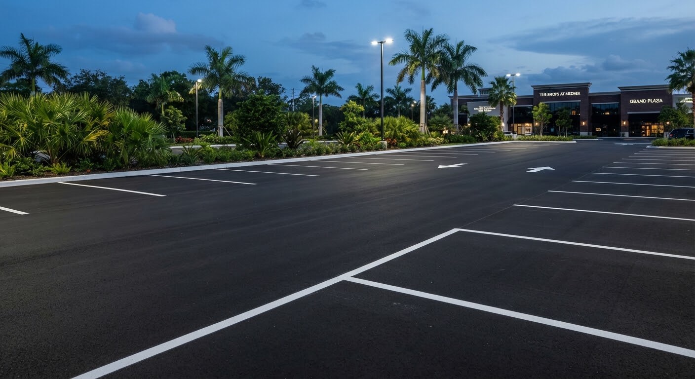 Freshly swept Florida parking lot with clean curbs and drains
