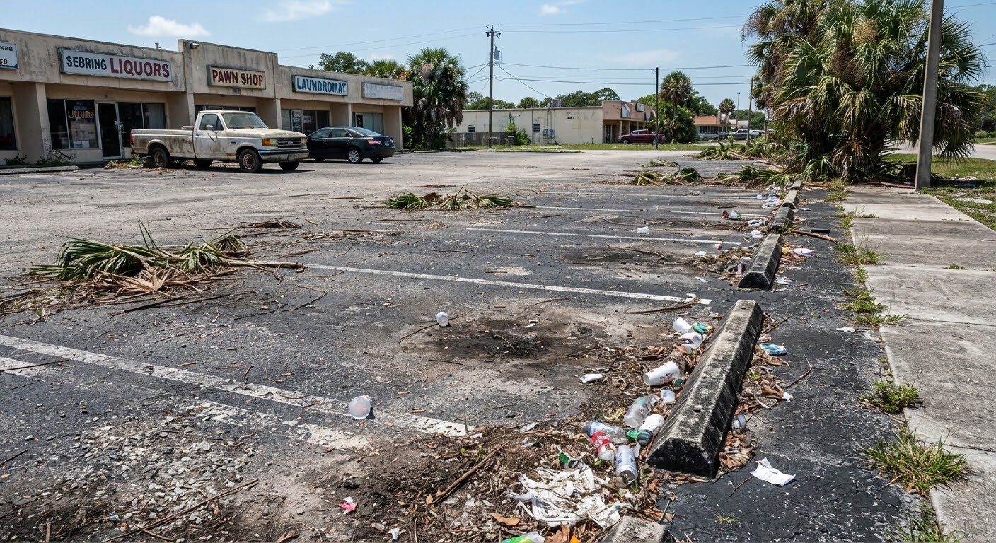 Florida parking lot covered in palm fronds and storm debris