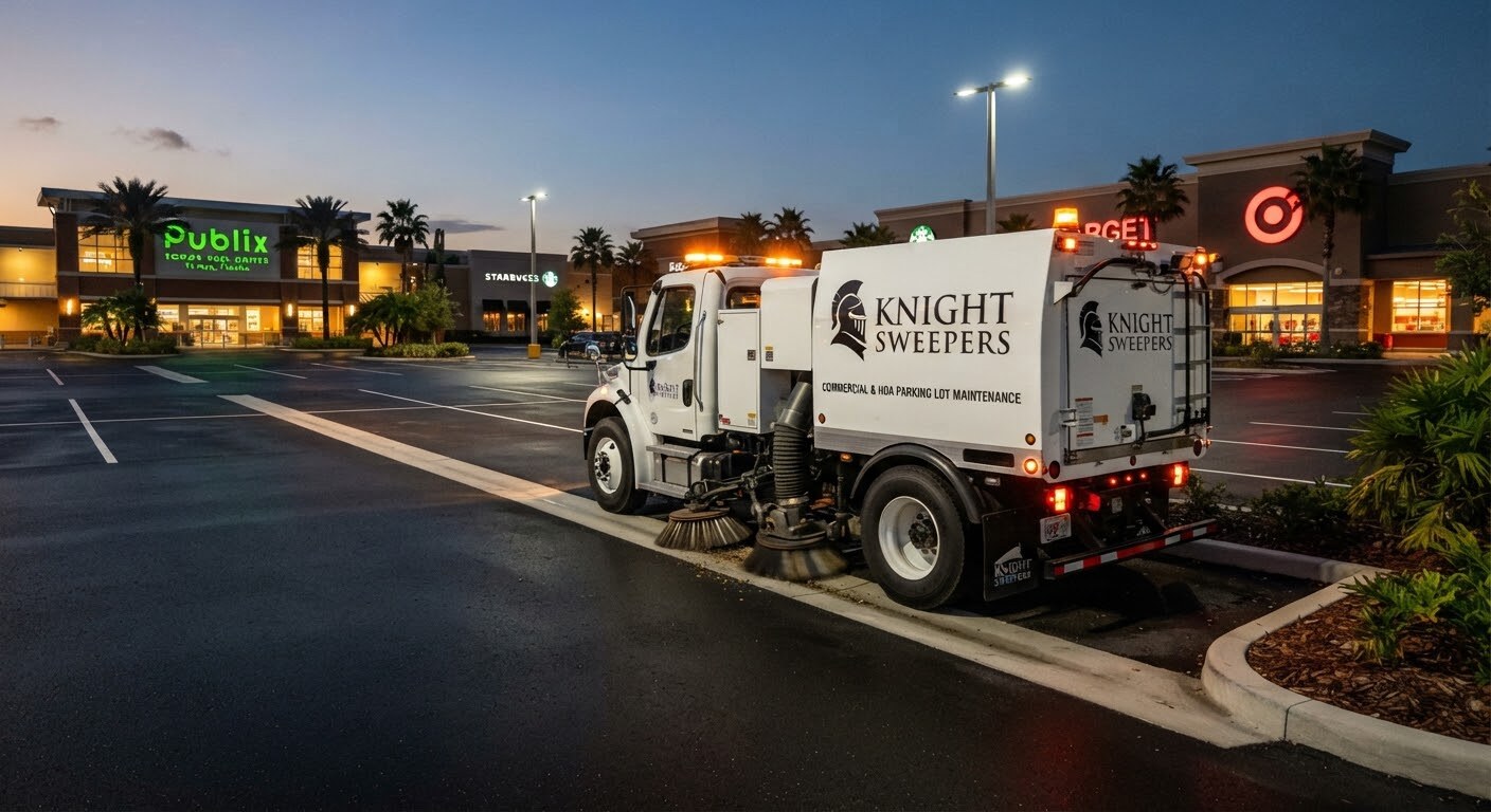 Knight Sweepers sweeper truck working a community parking lot