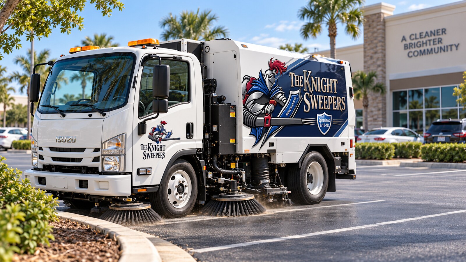 Knight Sweepers truck sweeping a Florida retail plaza parking lot